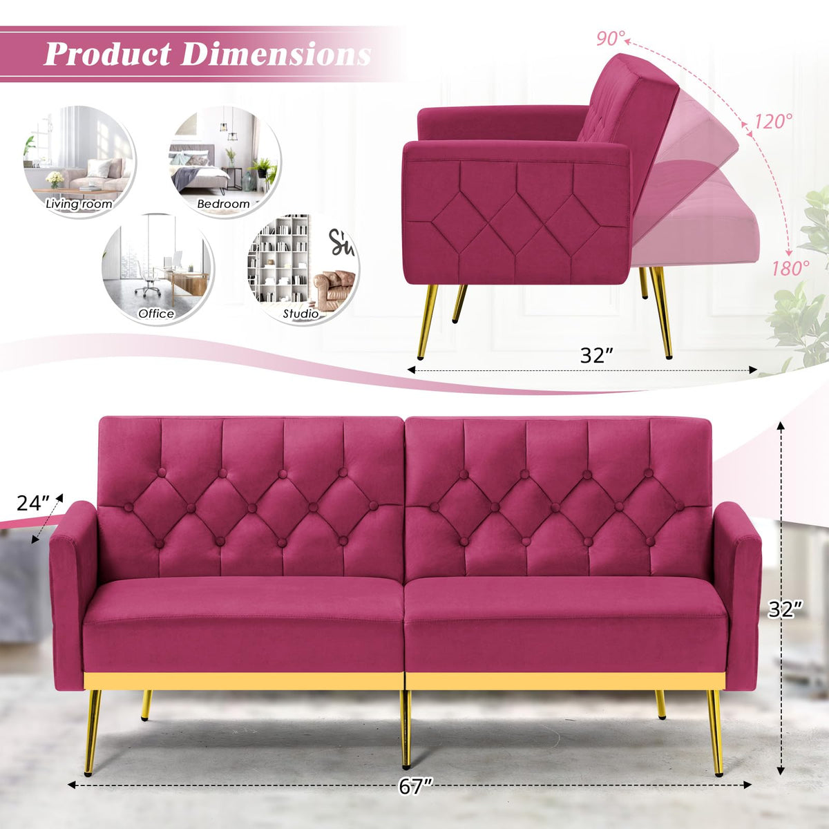 Velvet Sofa Bed with Adjustable Armrests & Backrests P60216