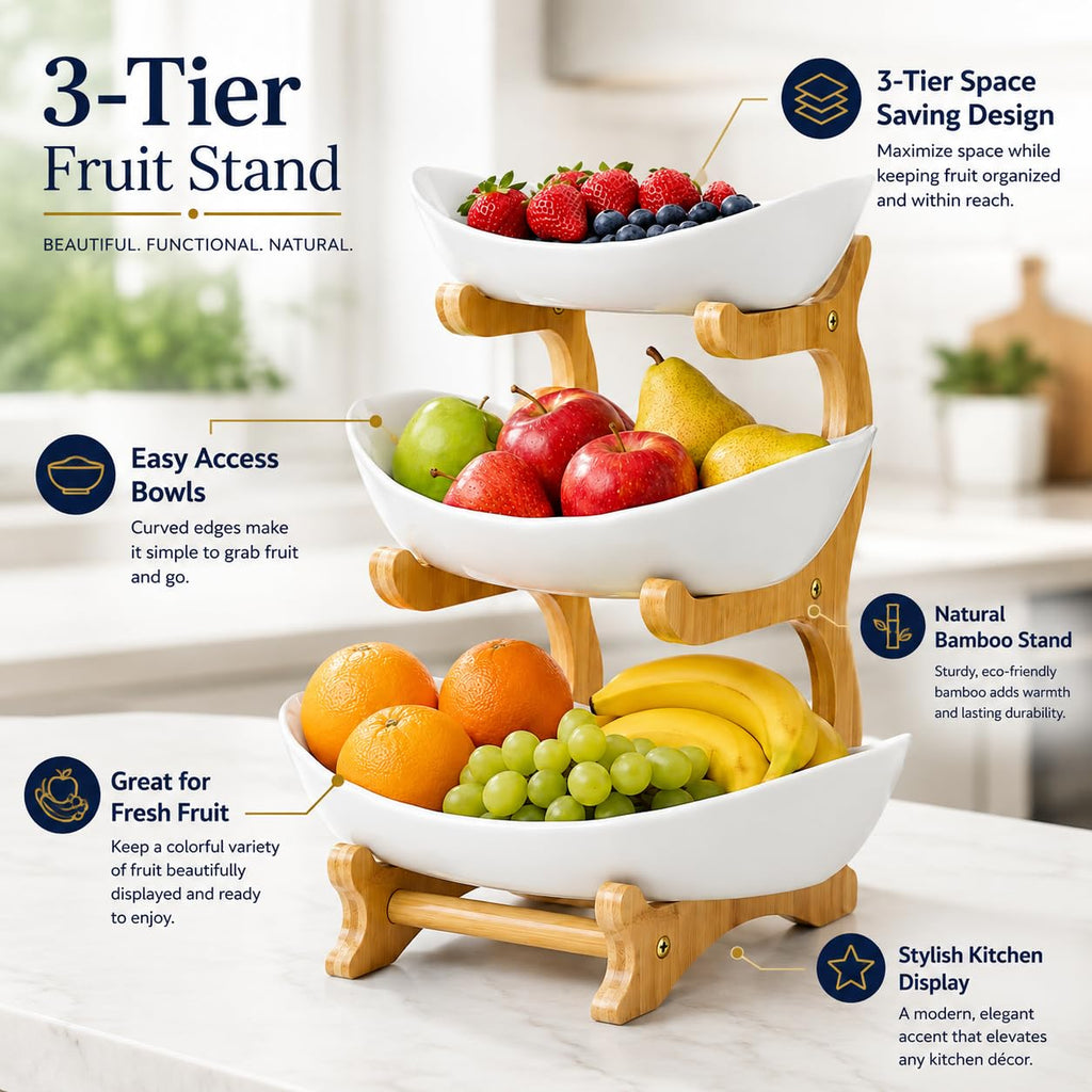 3-Tier Plastic Fruit Bowl Basket with Bamboo Stand Q376