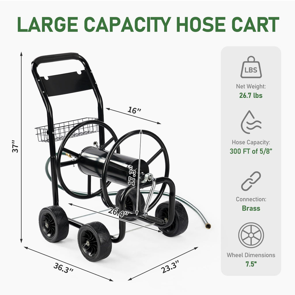 4-Wheel Portable Garden Hose Reel Cart with Storage Basket S3373