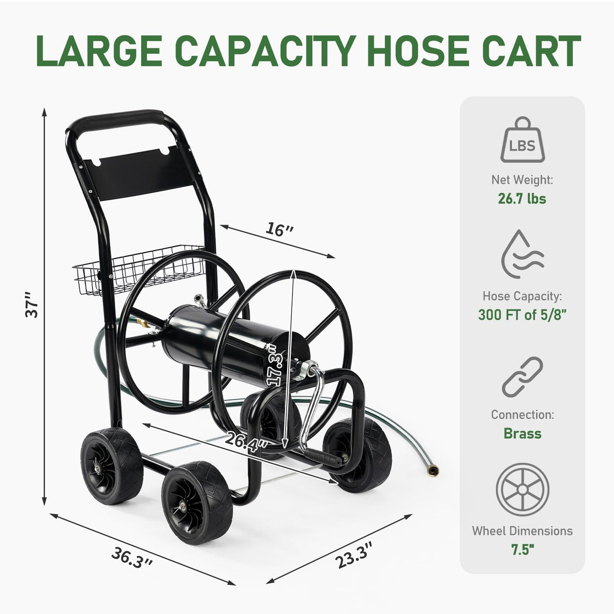 4-Wheel Portable Garden Hose Reel Cart with Storage Basket S3373