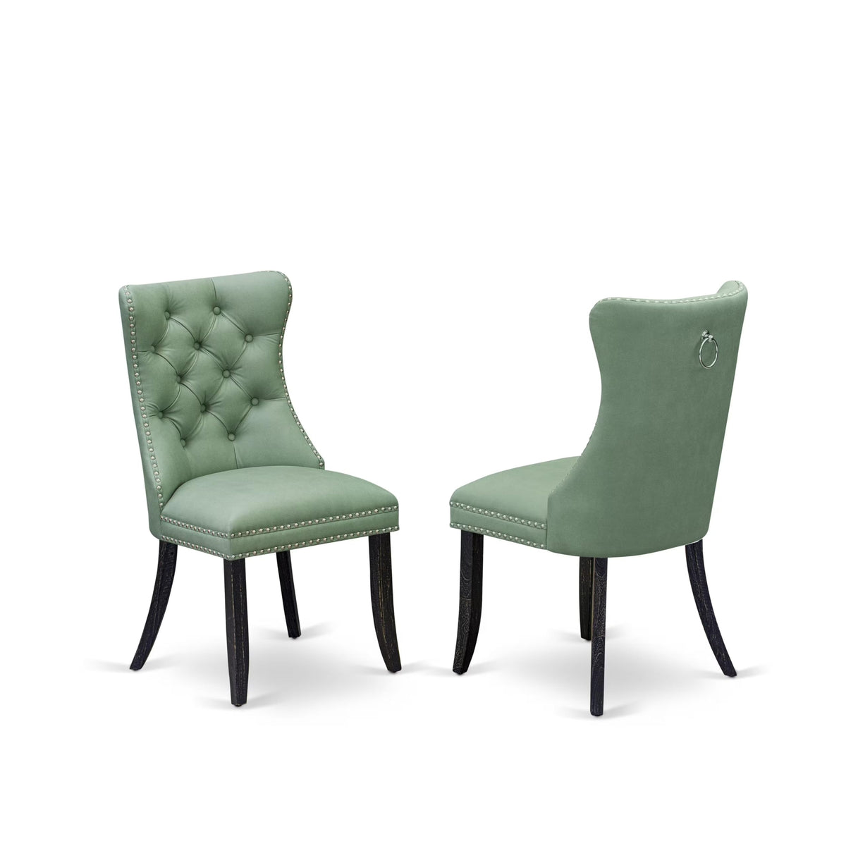 Button Tufted Nailhead Willow Green Polyester Upholstered Dining Chairs, Set of 2 W237