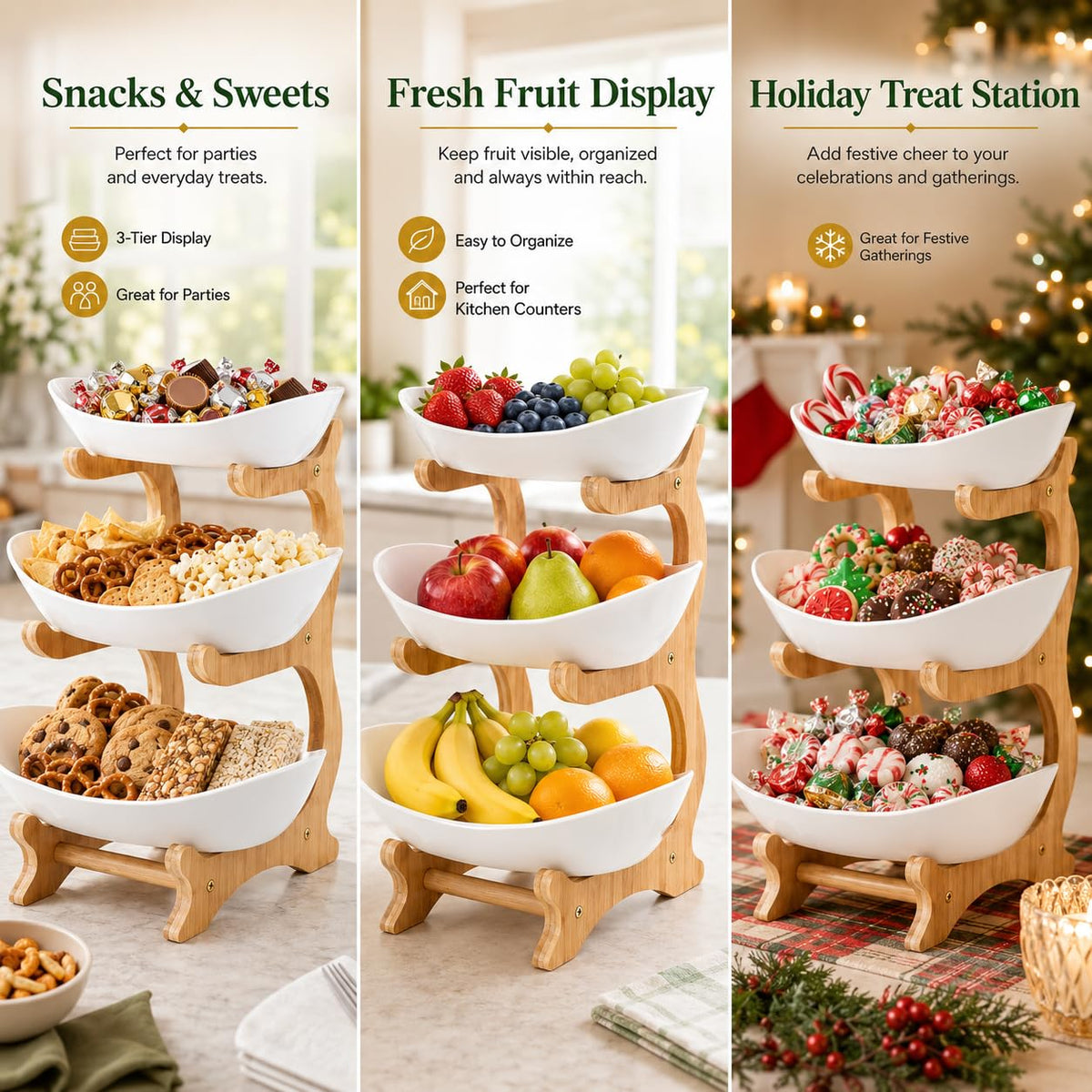 3-Tier Plastic Fruit Bowl Basket with Bamboo Stand Q376