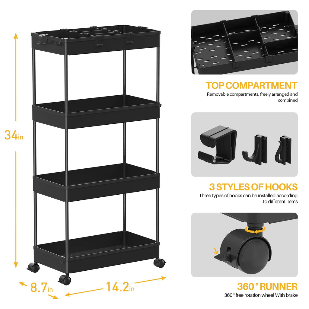 4 Tier Rolling Cart with Wheels and 3 Hanging Baskets F343367