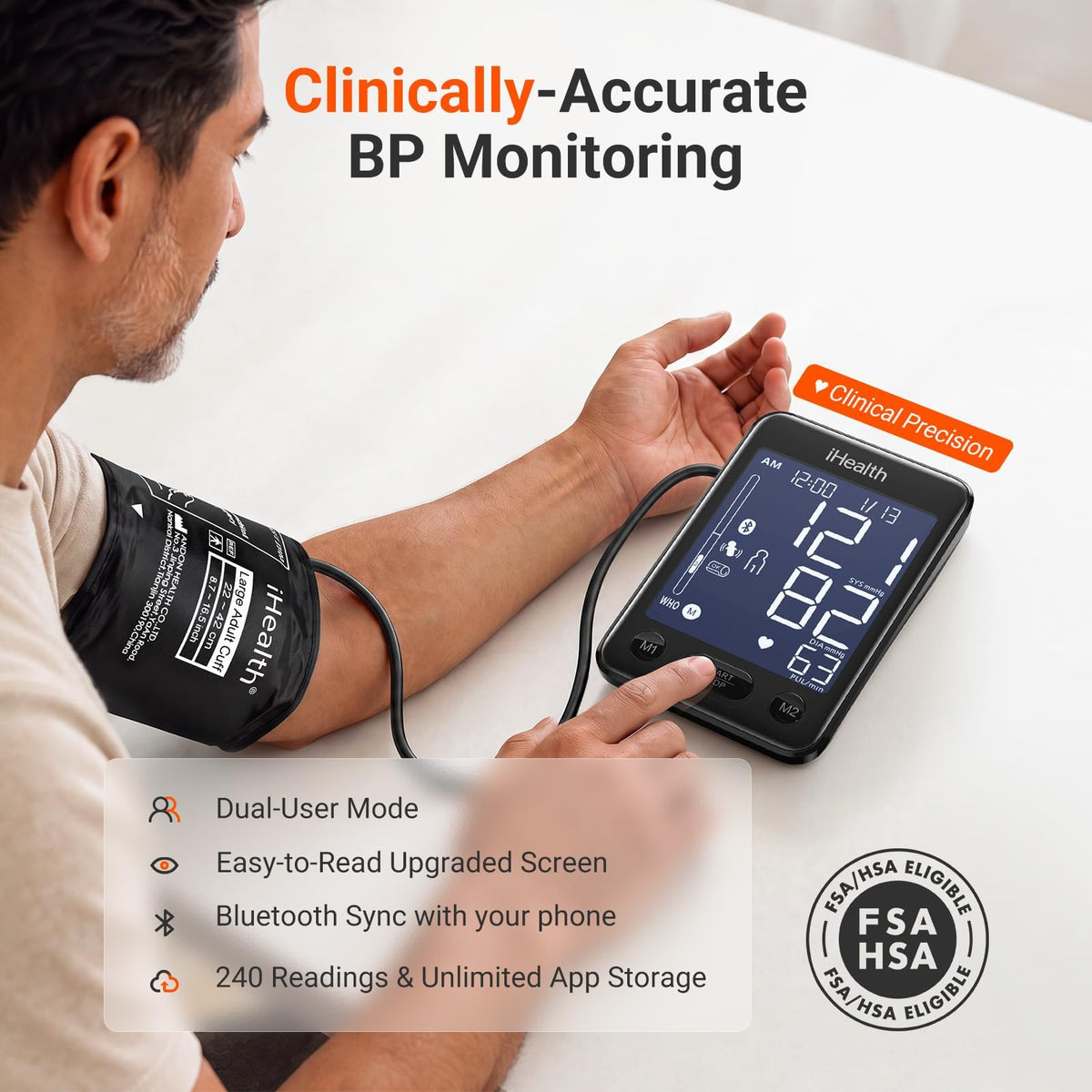 Bluetooth Upper Arm Blood Pressure Monitor with Large Cuff J496198