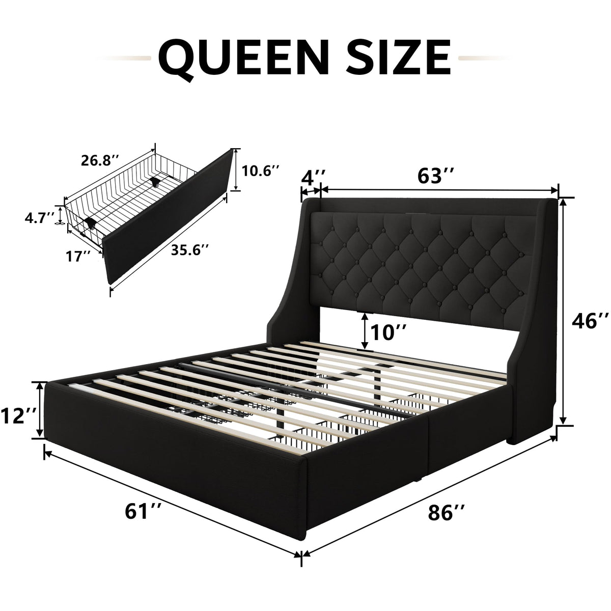 Black Queen Upholstered Platform Bed Frame with 4 Storage Drawers V742887