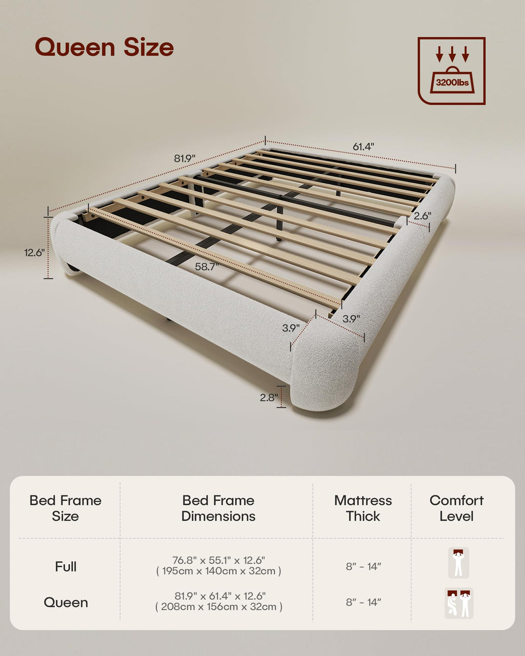 Queen Size White Boucle Upholstered Bed Frame T718806