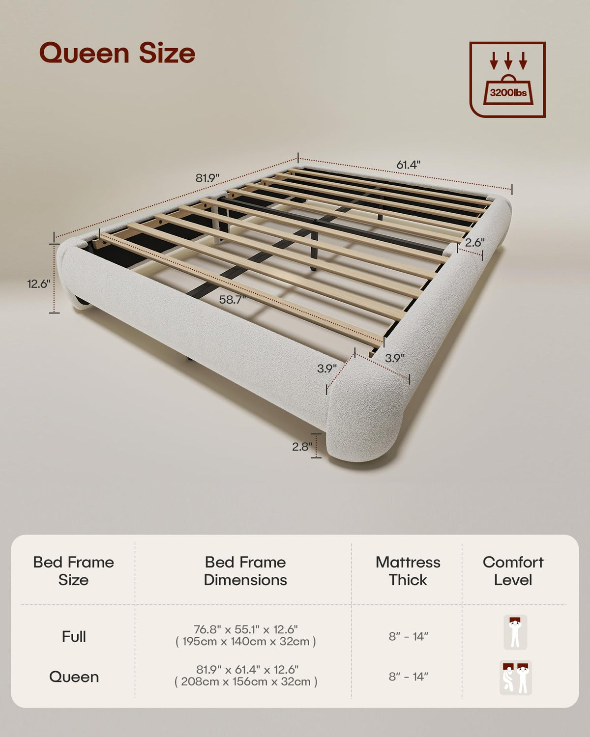 Queen Size White Boucle Upholstered Bed Frame T718806