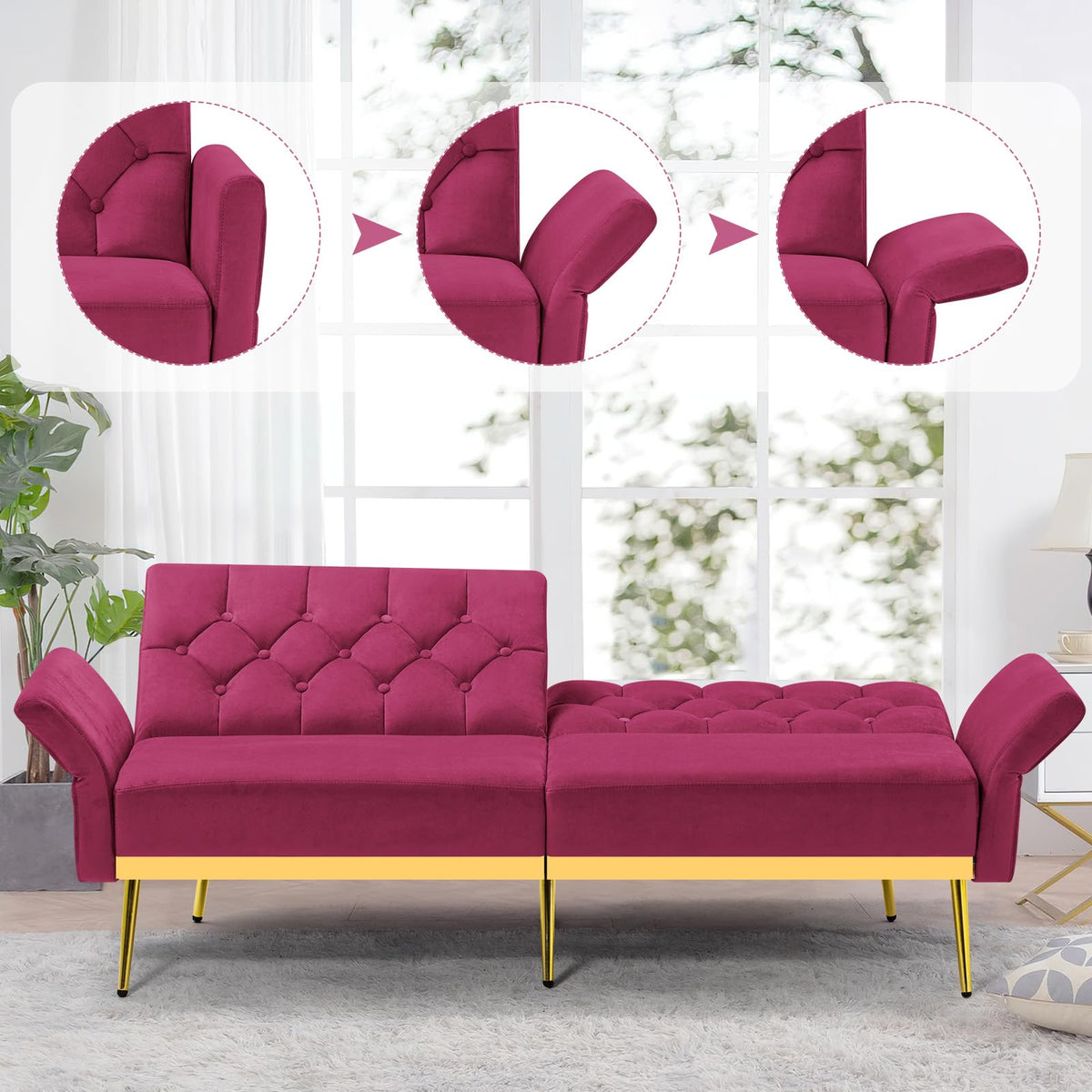 Velvet Sofa Bed with Adjustable Armrests & Backrests P60216