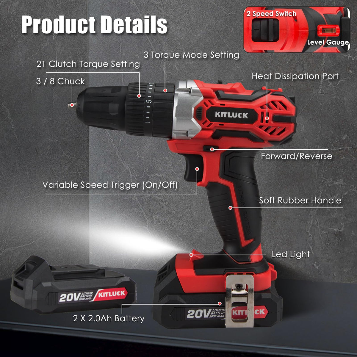 Cordless Drill Set 20V 2 Battery 44pcs Bits 3/8'' Chuck W2542