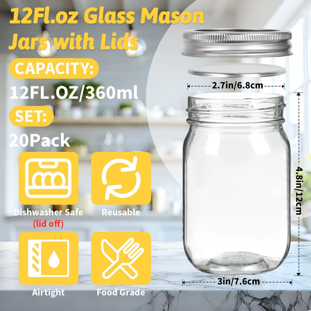12 oz Regular Mouth Mason Jars 20 Pack J201669