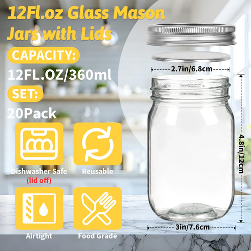 12 oz Regular Mouth Mason Jars 20 Pack J201669