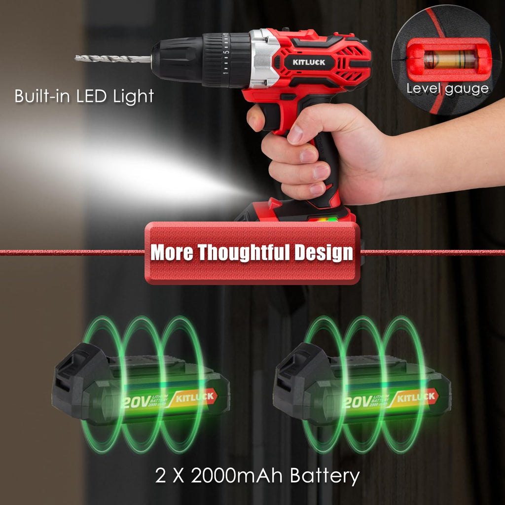 Cordless Drill Set 20V 2 Battery 44pcs Bits 3/8'' Chuck W2542