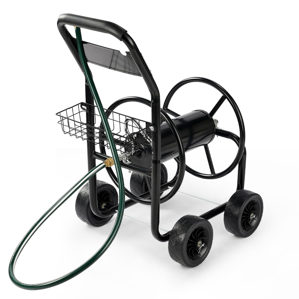 4-Wheel Portable Garden Hose Reel Cart with Storage Basket S3373