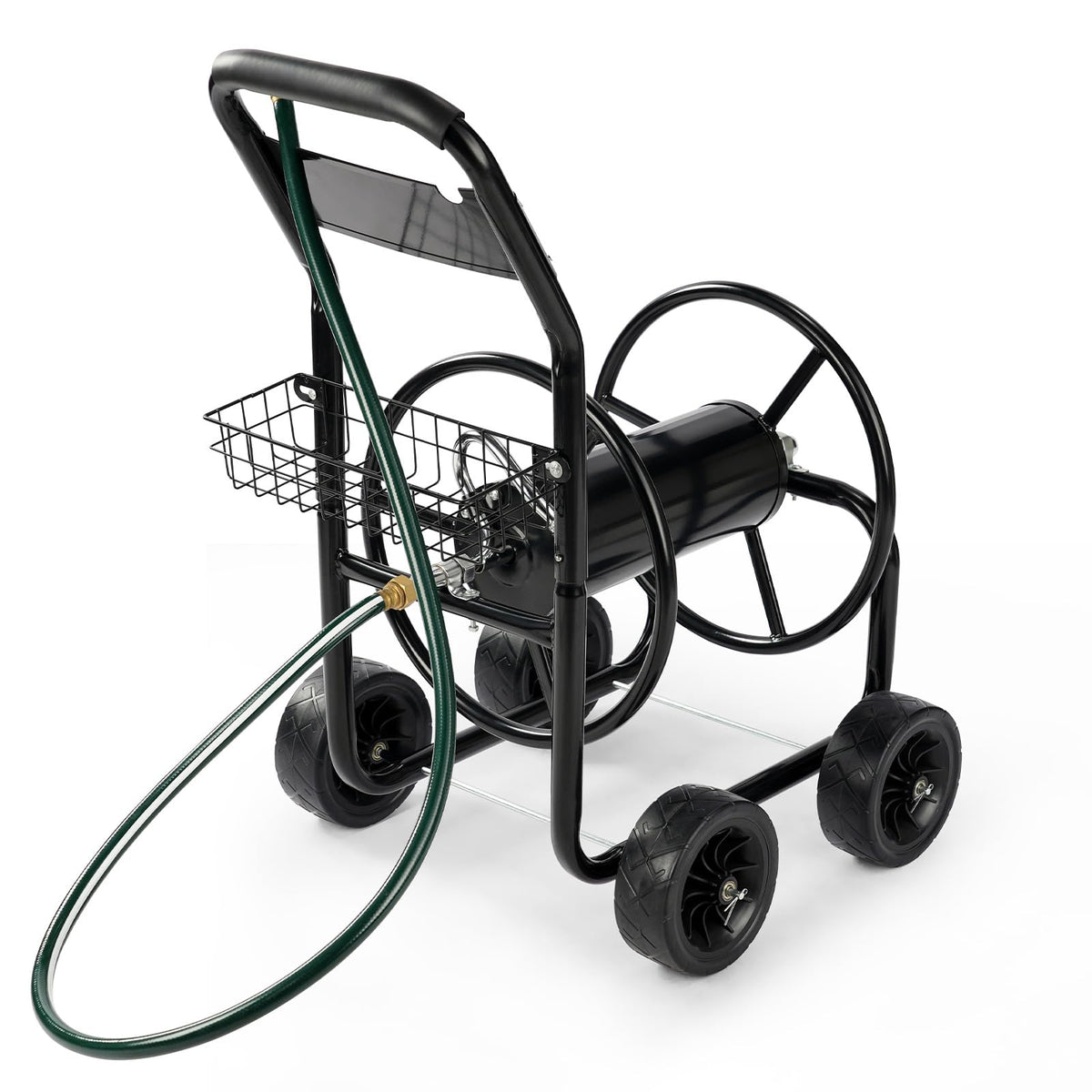 4-Wheel Portable Garden Hose Reel Cart with Storage Basket S3373
