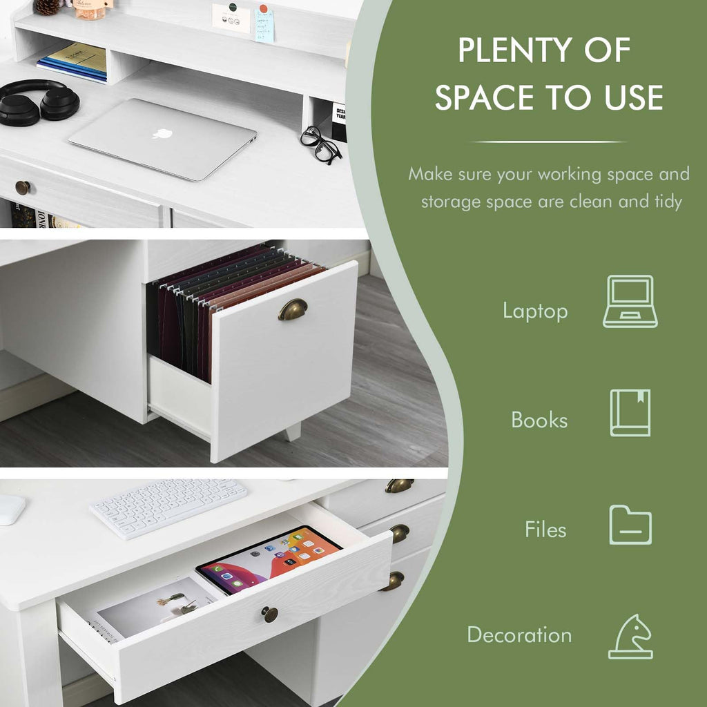 White Computer Desk with Drawers and Hutch B8865