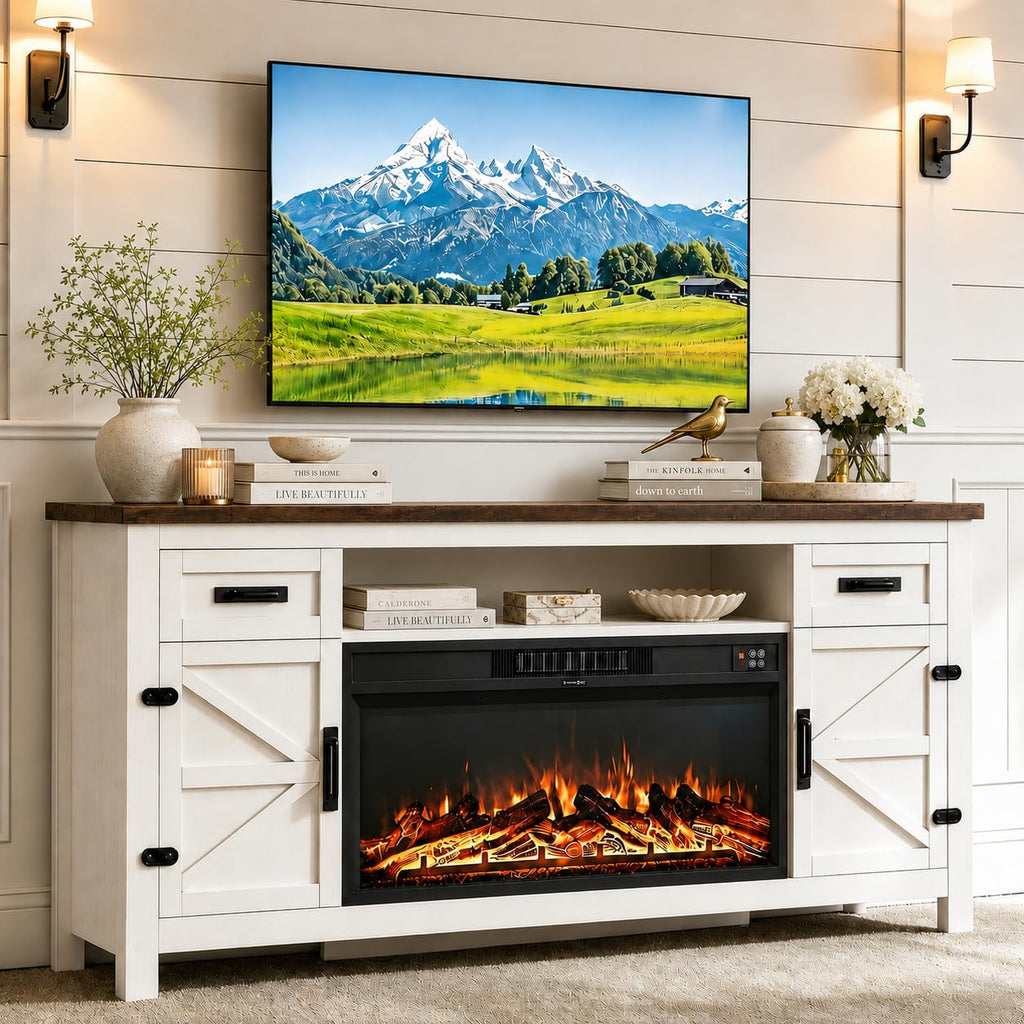 White 70 inch Fireplace TV Stand with Barn Door L87873