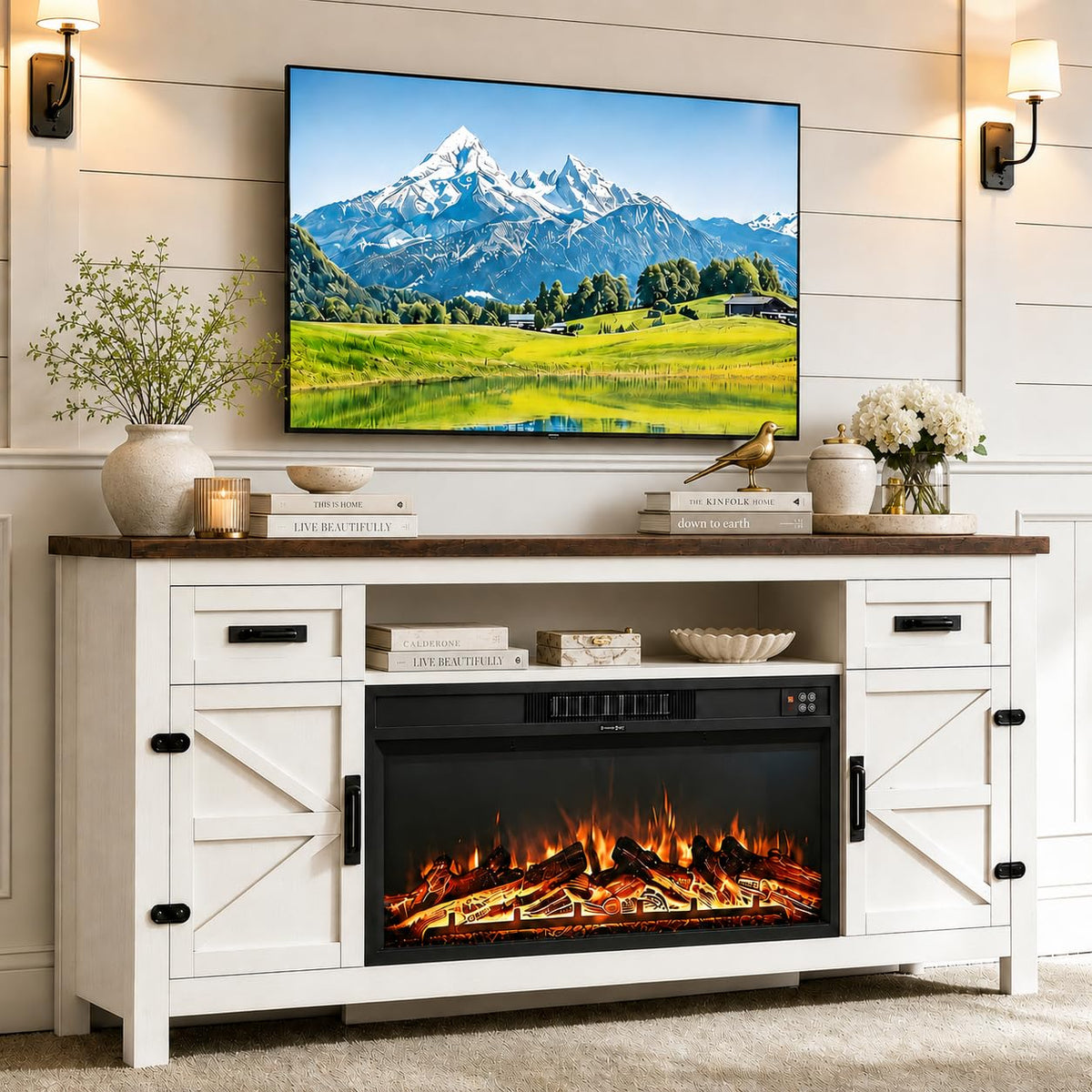 White 70 inch Fireplace TV Stand with Barn Door L87873