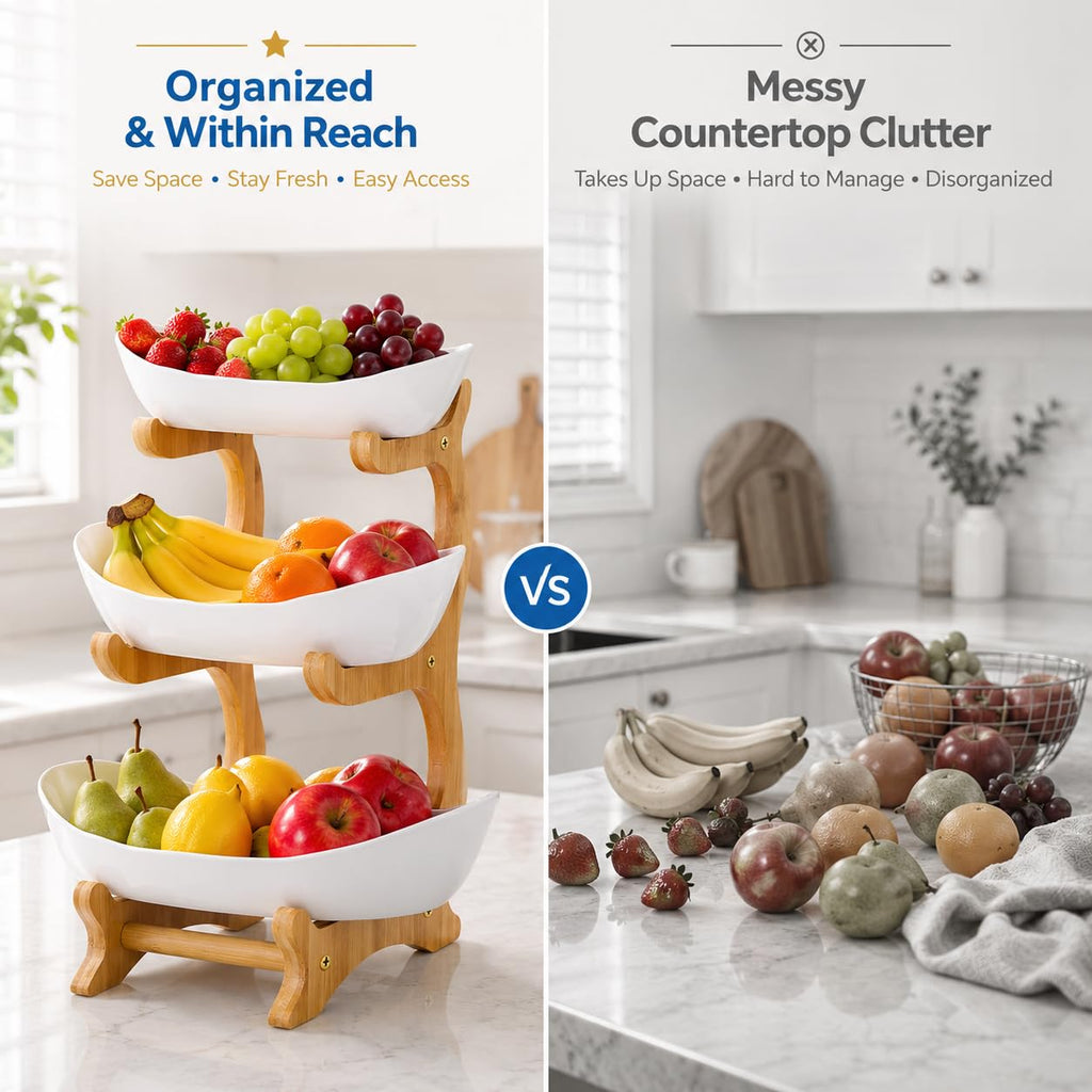 3-Tier Plastic Fruit Bowl Basket with Bamboo Stand Q376