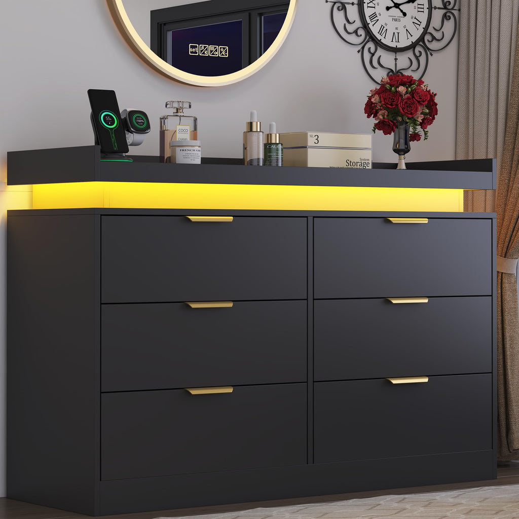 Black 6 Drawer Wood Dresser with LED Lights and Power Outlet V9679