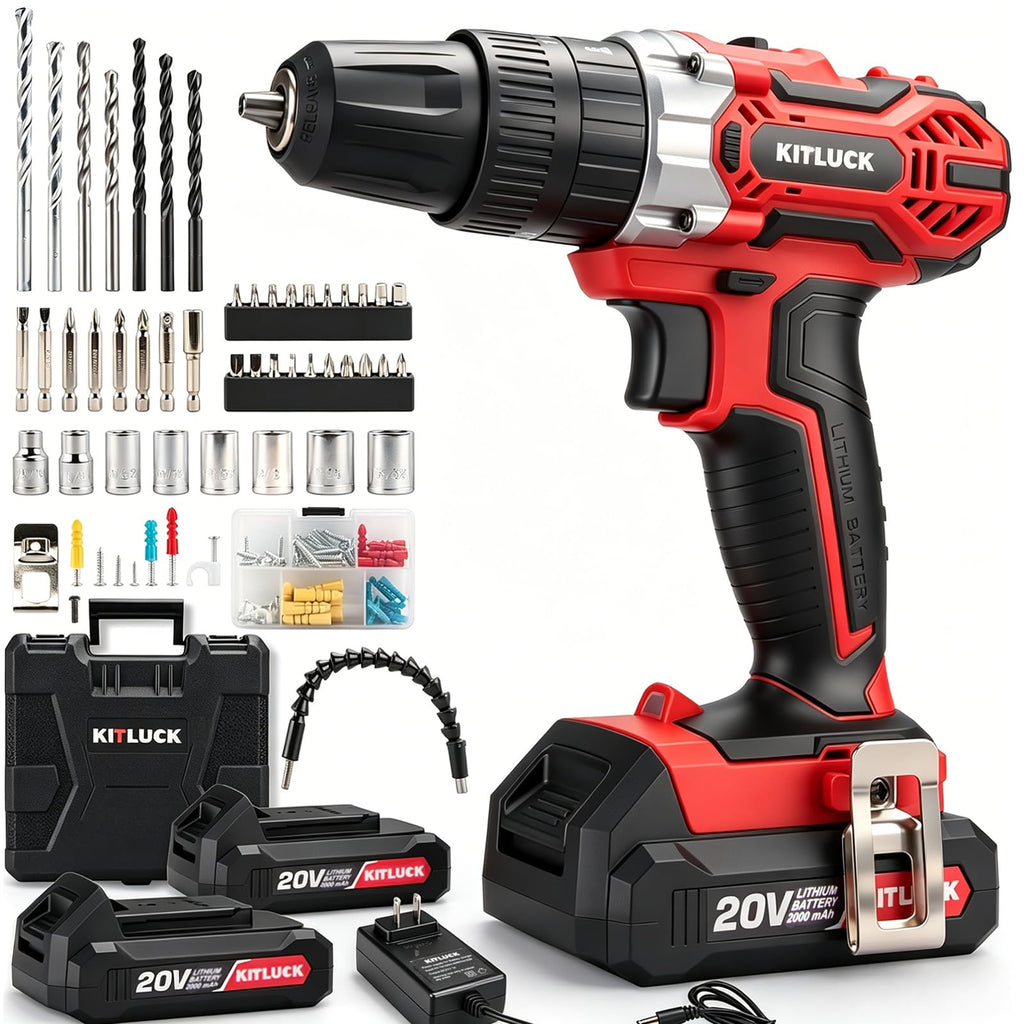 Cordless Drill Set 20V 2 Battery 44pcs Bits 3/8'' Chuck W2542