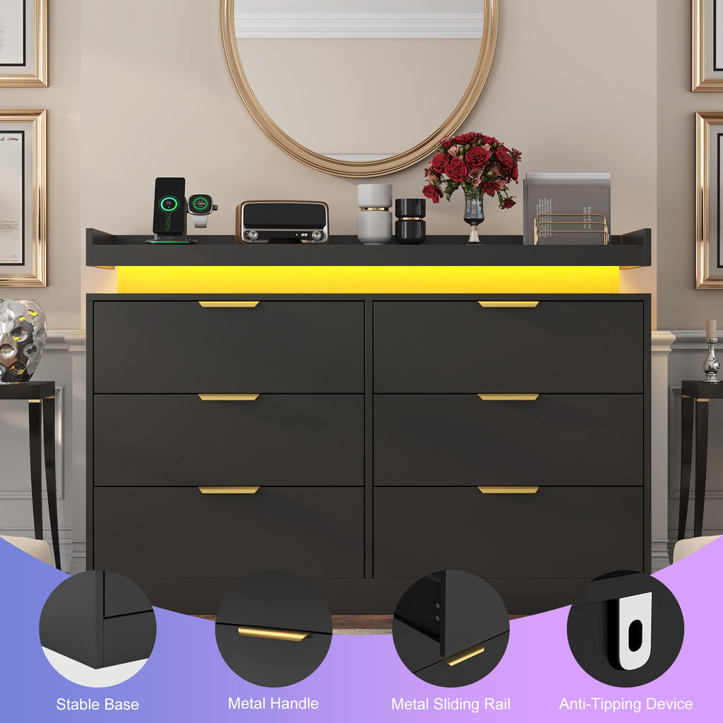 Black 6 Drawer Wood Dresser with LED Lights and Power Outlet V9679