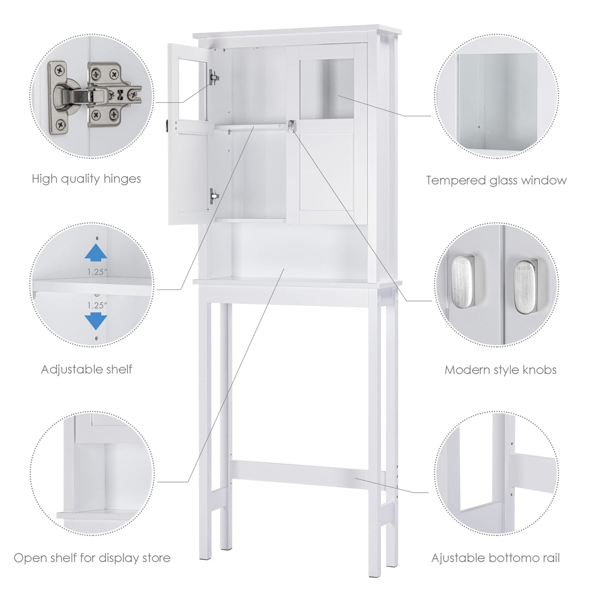 White Over the Toilet Storage Cabinet with Glass Doors H2424