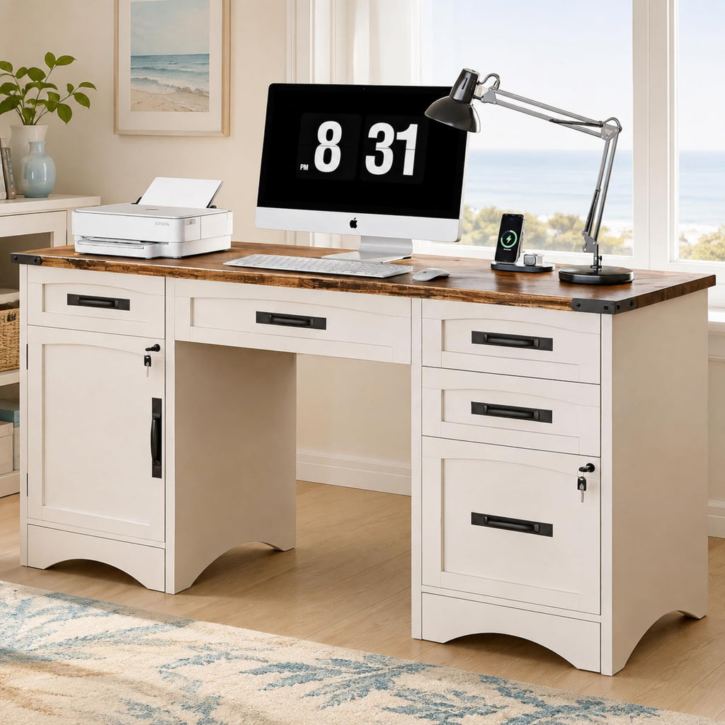 47 Inch Computer Desk with Hutch and 4 Drawers Y9284