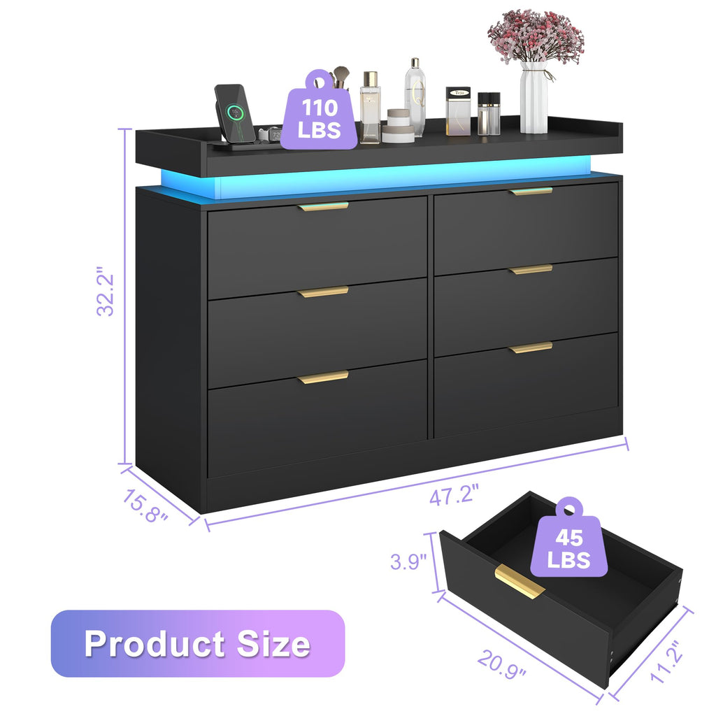 Black 6 Drawer Wood Dresser with LED Lights and Power Outlet V9679