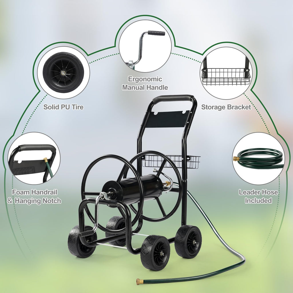 4-Wheel Portable Garden Hose Reel Cart with Storage Basket S3373