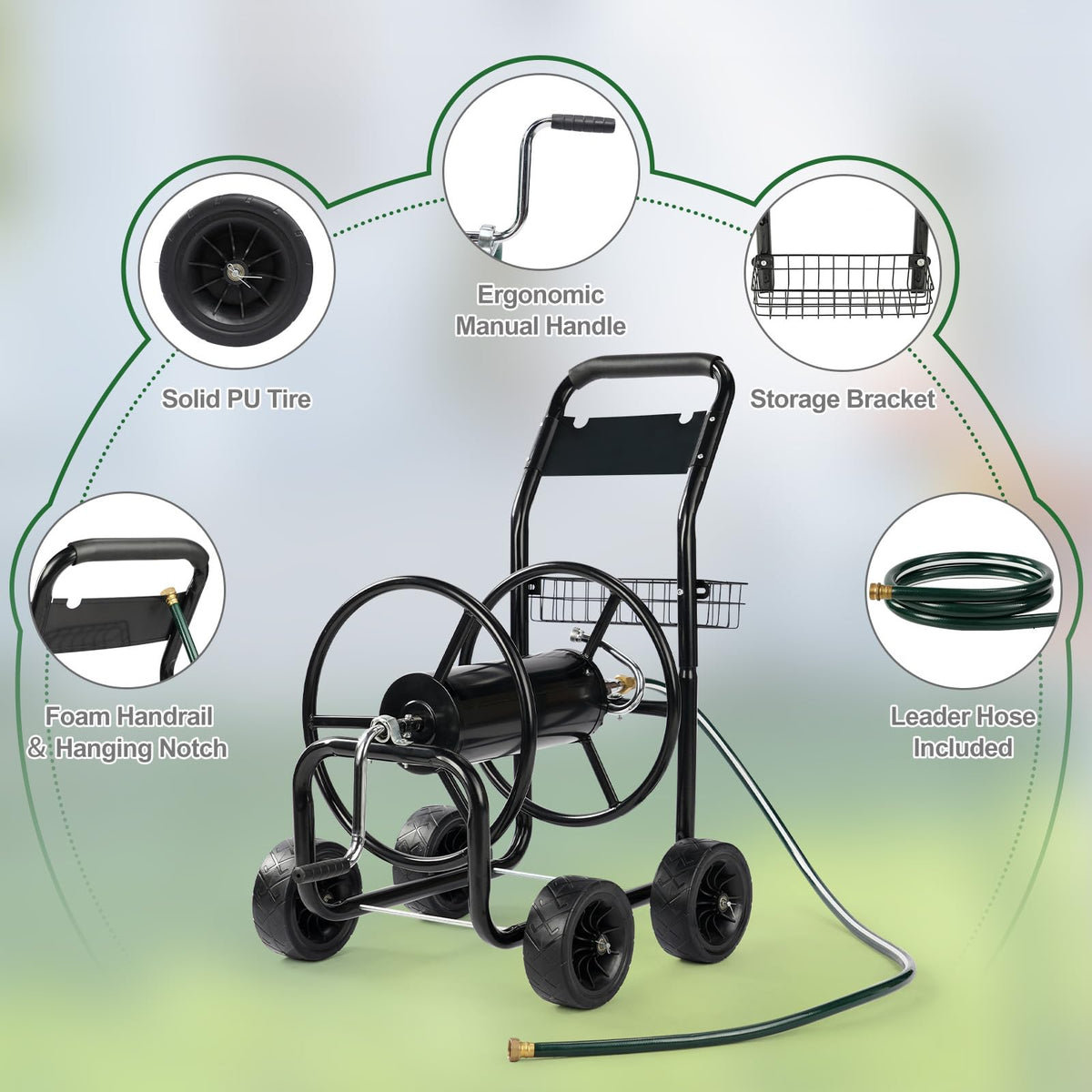 4-Wheel Portable Garden Hose Reel Cart with Storage Basket S3373
