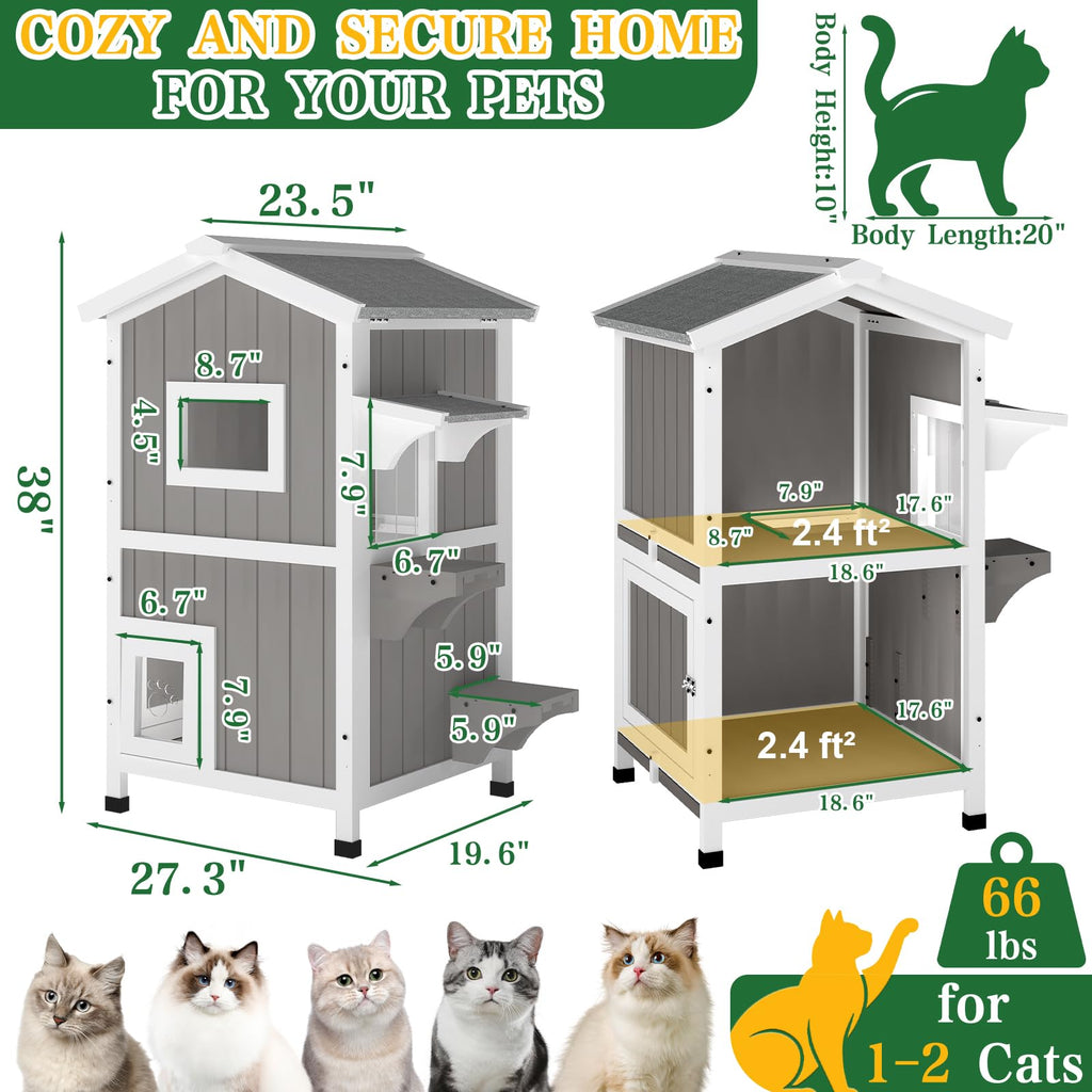Weatherproof 2-Story Outdoor Cat House with Feeding Station Z7282