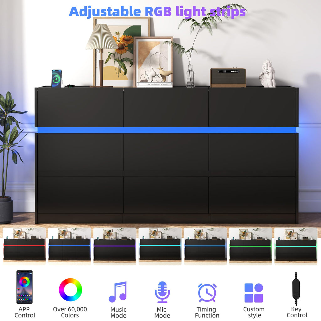 Black 9 Drawer Dresser with Charging Station and LED Lights F403
