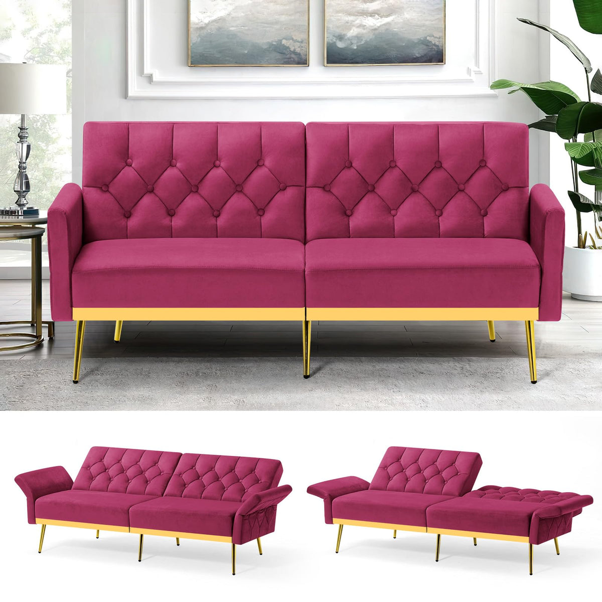Velvet Sofa Bed with Adjustable Armrests & Backrests P60216