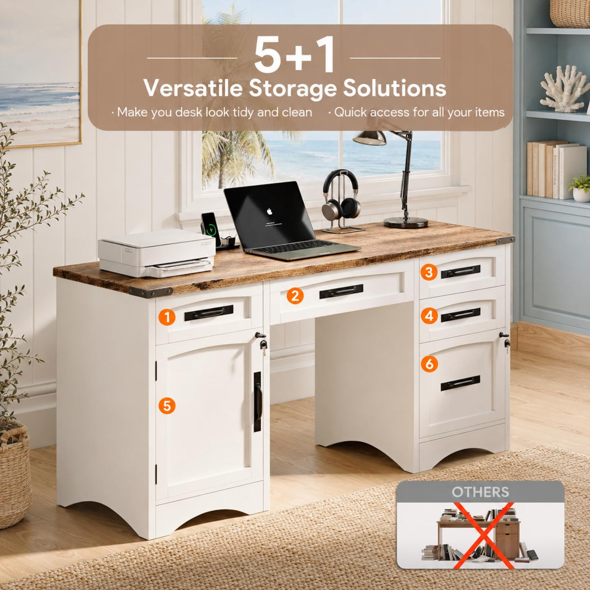 47 Inch Computer Desk with Hutch and 4 Drawers Y9284