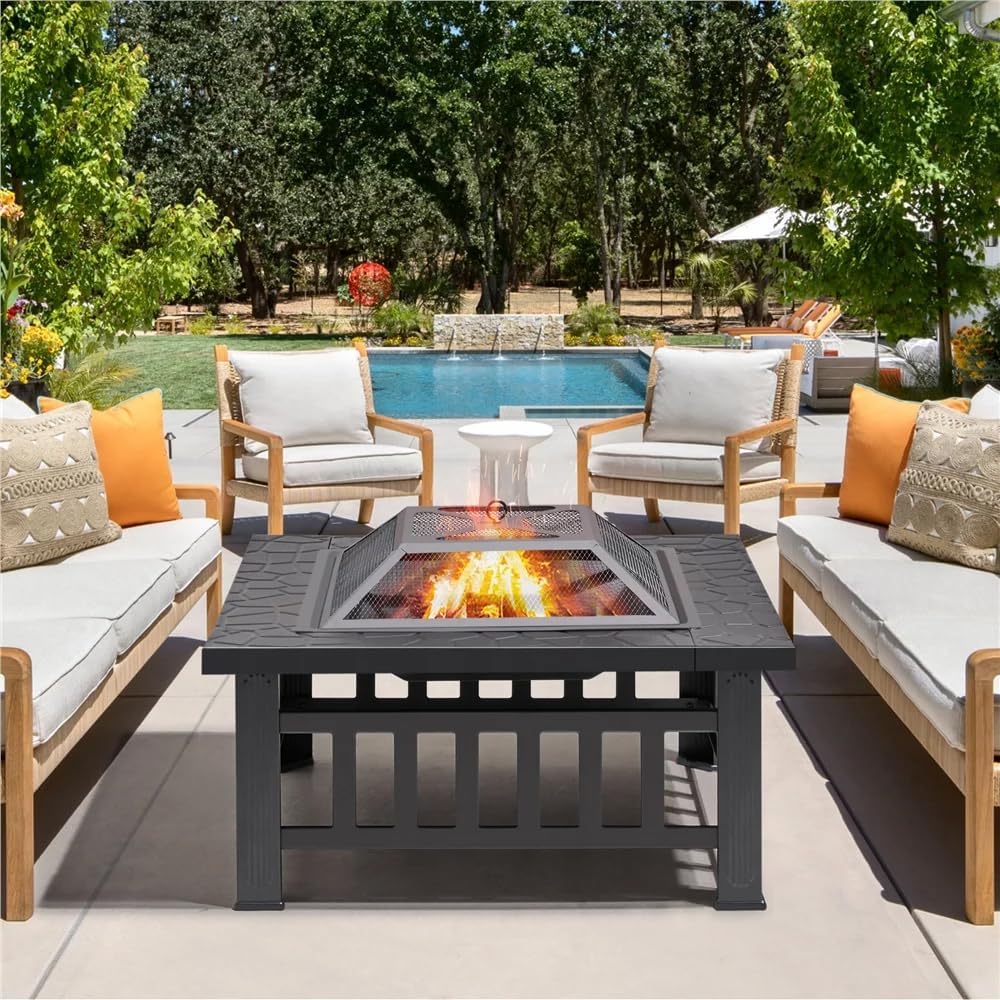 32 Inch Square Metal Wood Burning Fire Pit Y180583