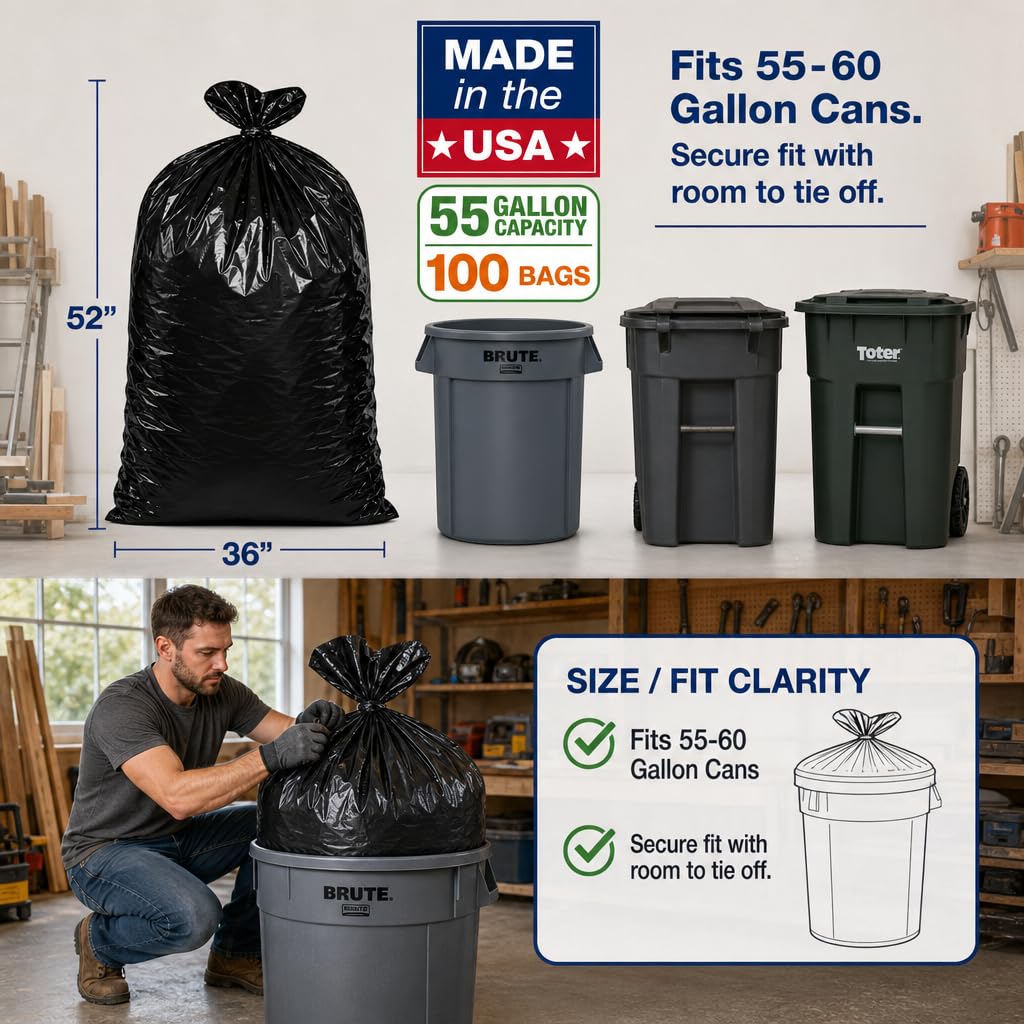 Heavy Duty Black 55-60 Gallon Trash Bags 100 Count D277683