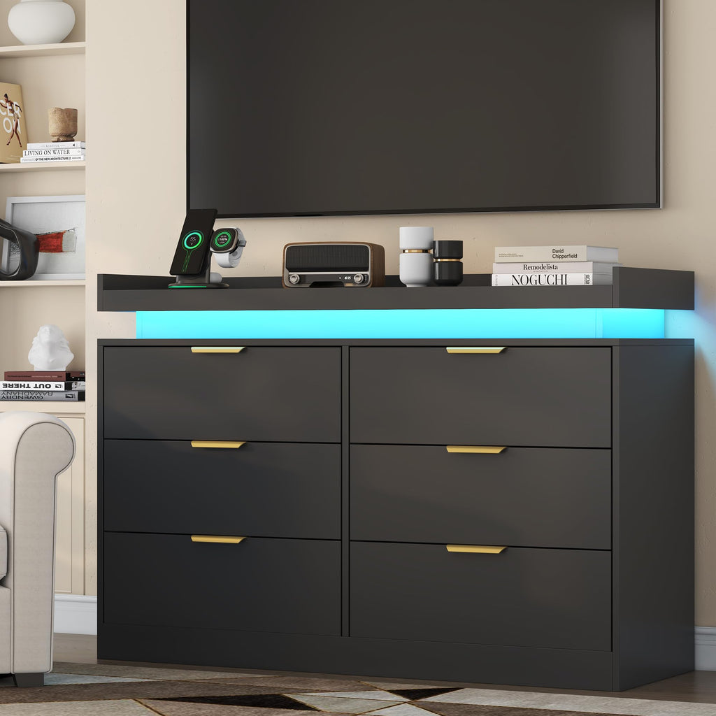 Black 6 Drawer Wood Dresser with LED Lights and Power Outlet V9679