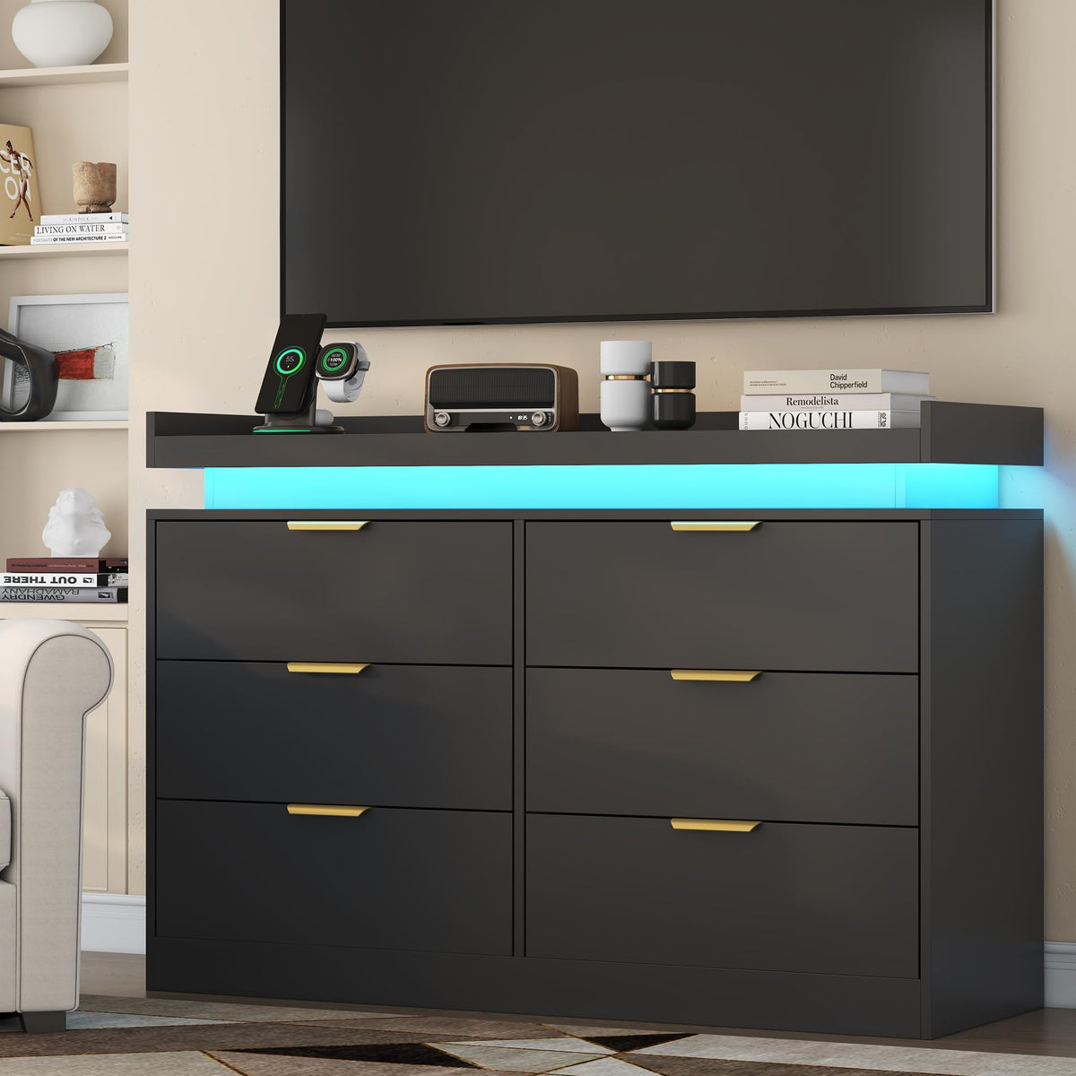 Black 6 Drawer Wood Dresser with LED Lights and Power Outlet V9679