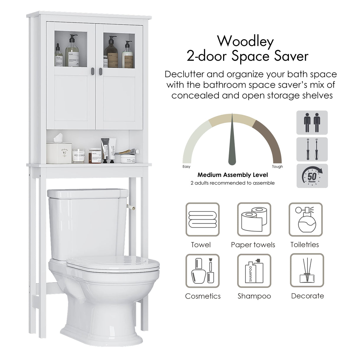 White Over the Toilet Storage Cabinet with Glass Doors H2424