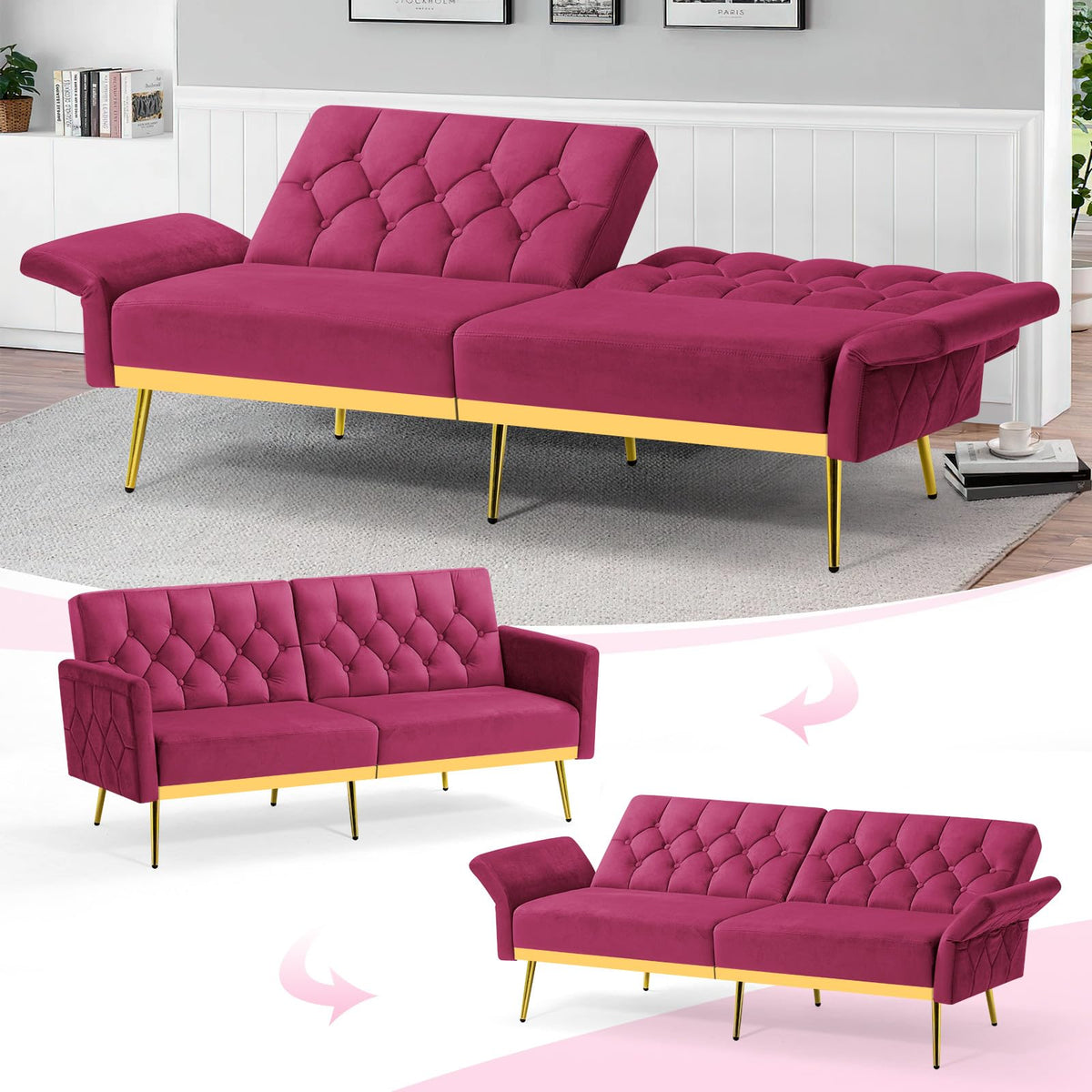 Velvet Sofa Bed with Adjustable Armrests & Backrests P60216