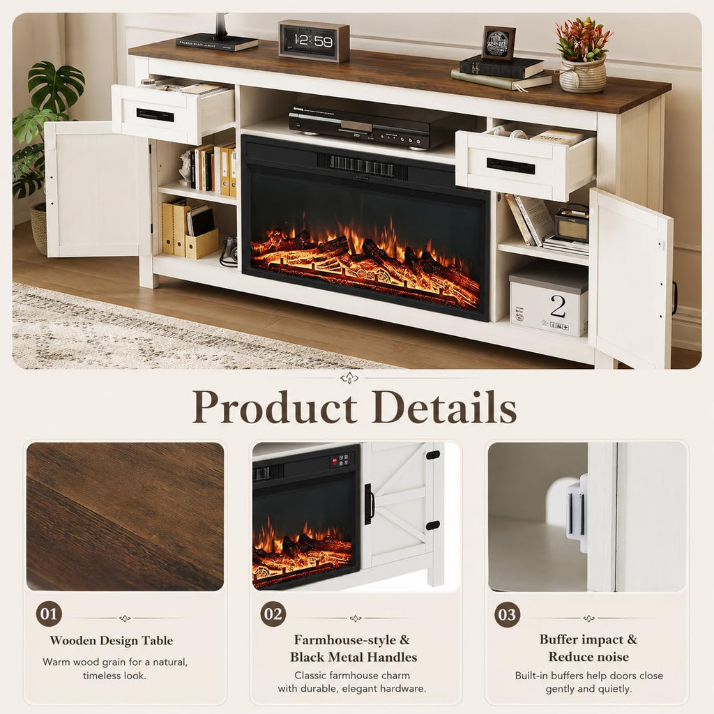 White 70 inch Fireplace TV Stand with Barn Door L87873