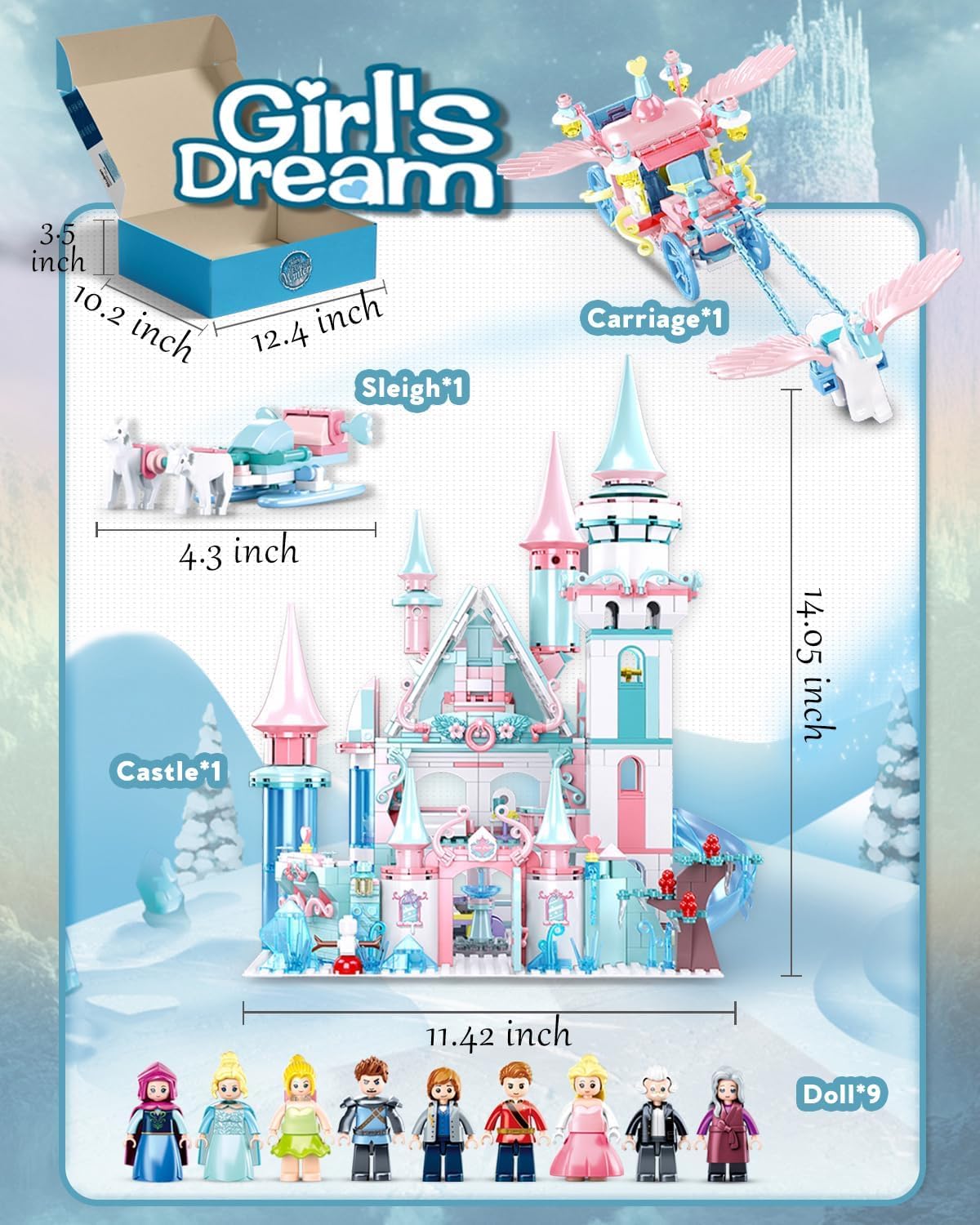 Castle Building Set with Slide, Carriage & Sledge, 9 Minifigures, 1314 PCS M783