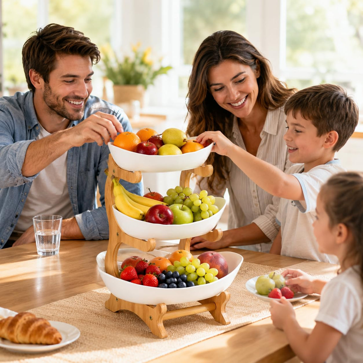 3-Tier Plastic Fruit Bowl Basket with Bamboo Stand Q376