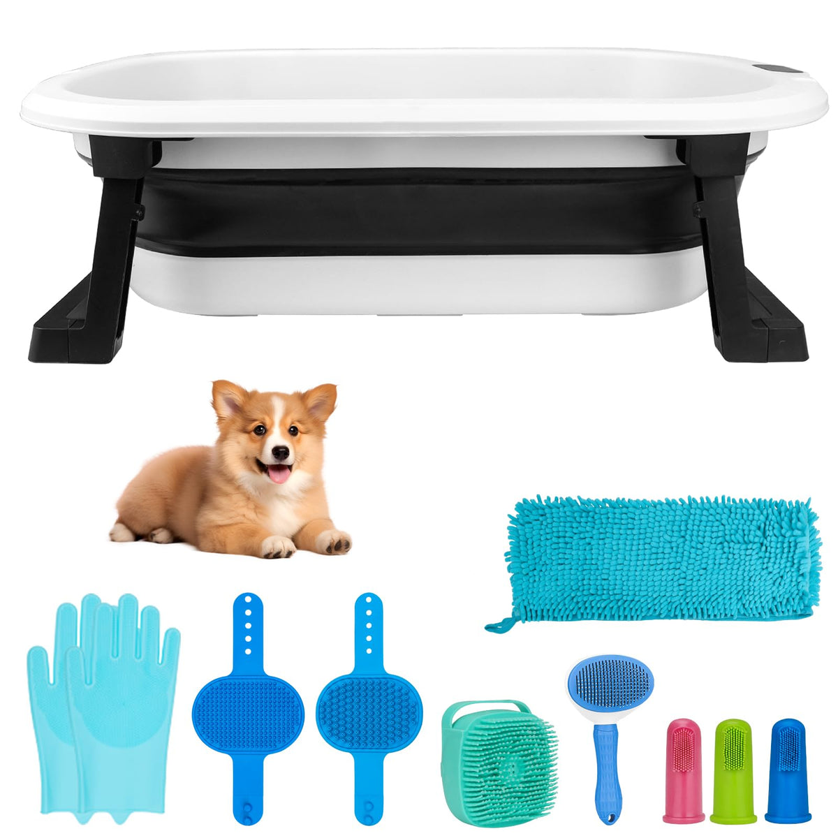 Collapsible Pet Bathtub with Water Drain Plug and Grooming Brush R61117