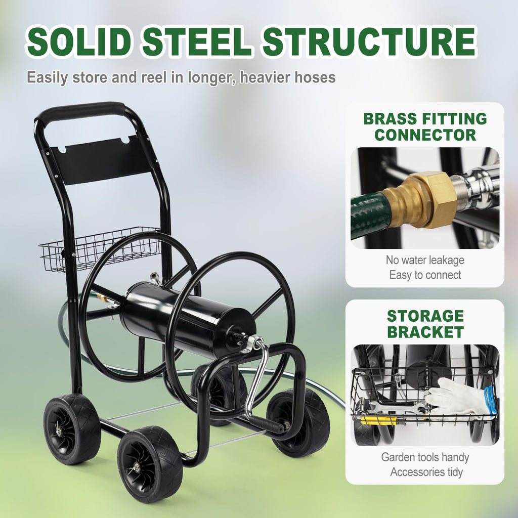 4-Wheel Portable Garden Hose Reel Cart with Storage Basket S3373