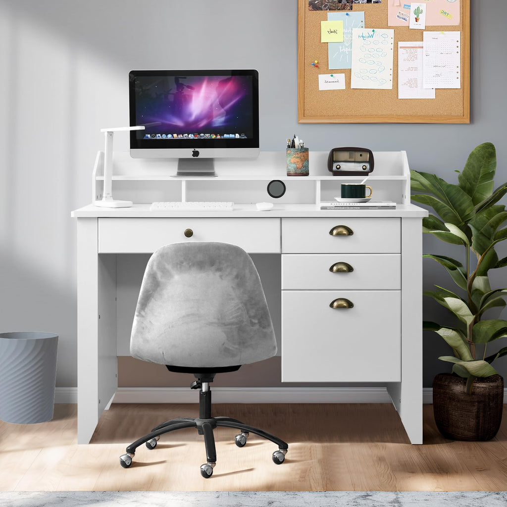 White Computer Desk with Drawers and Hutch B8865