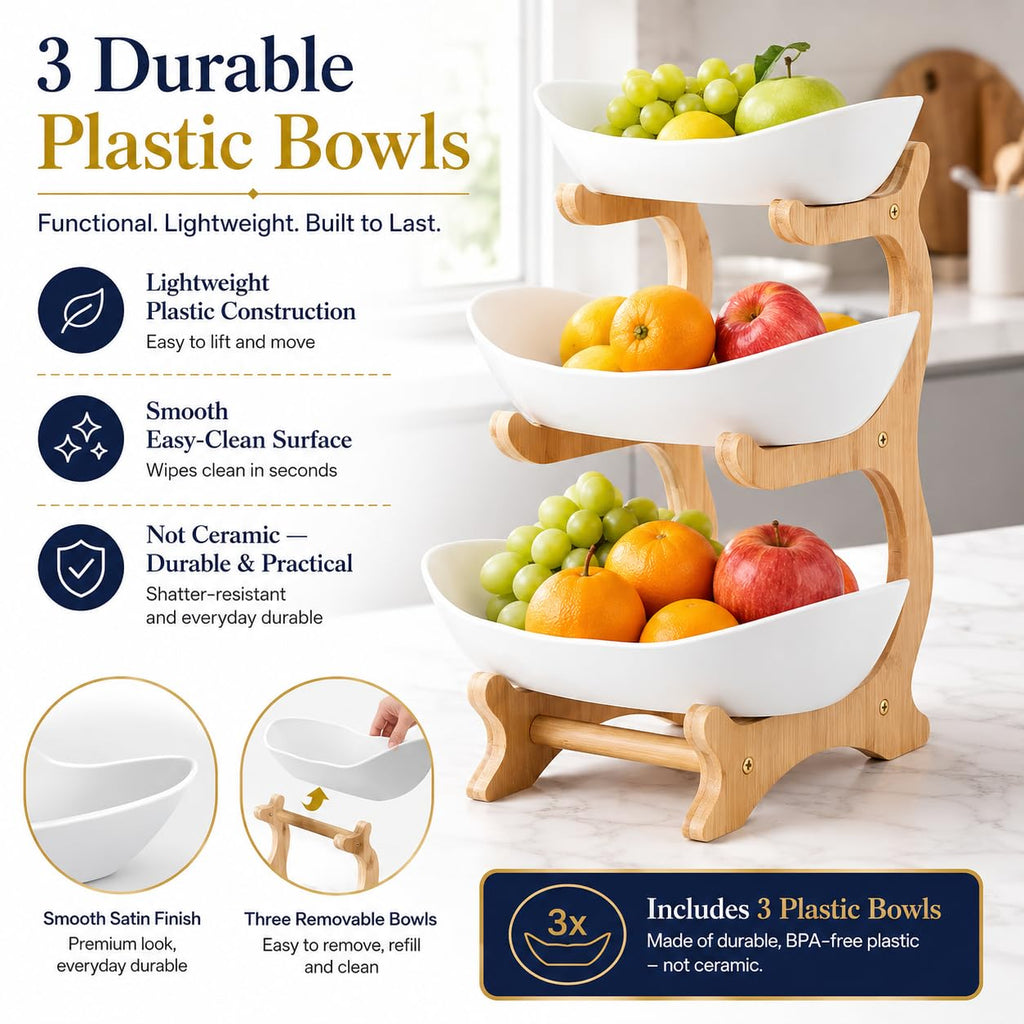 3-Tier Plastic Fruit Bowl Basket with Bamboo Stand Q376