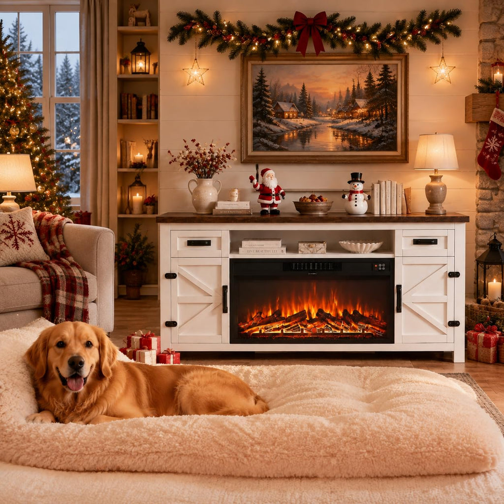 White 70 inch Fireplace TV Stand with Barn Door L87873