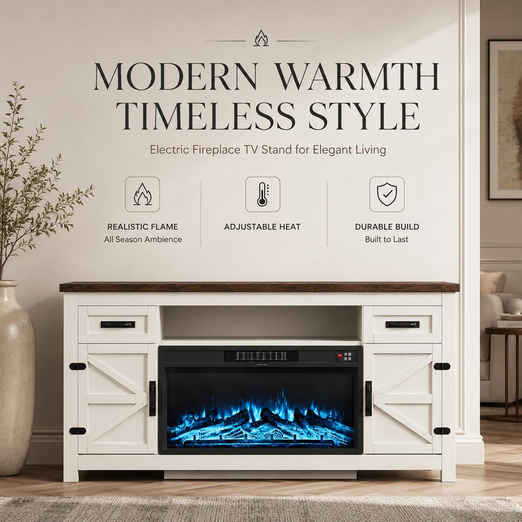 White 70 inch Fireplace TV Stand with Barn Door L87873