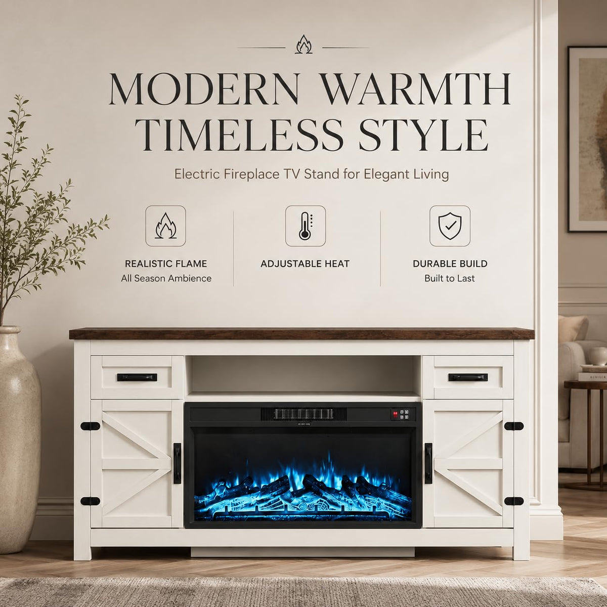 White 70 inch Fireplace TV Stand with Barn Door L87873